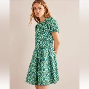 BODEN Full Skirted Mini Dress Aquamarine Geo Cascade 8R EUC "Missing Belt"